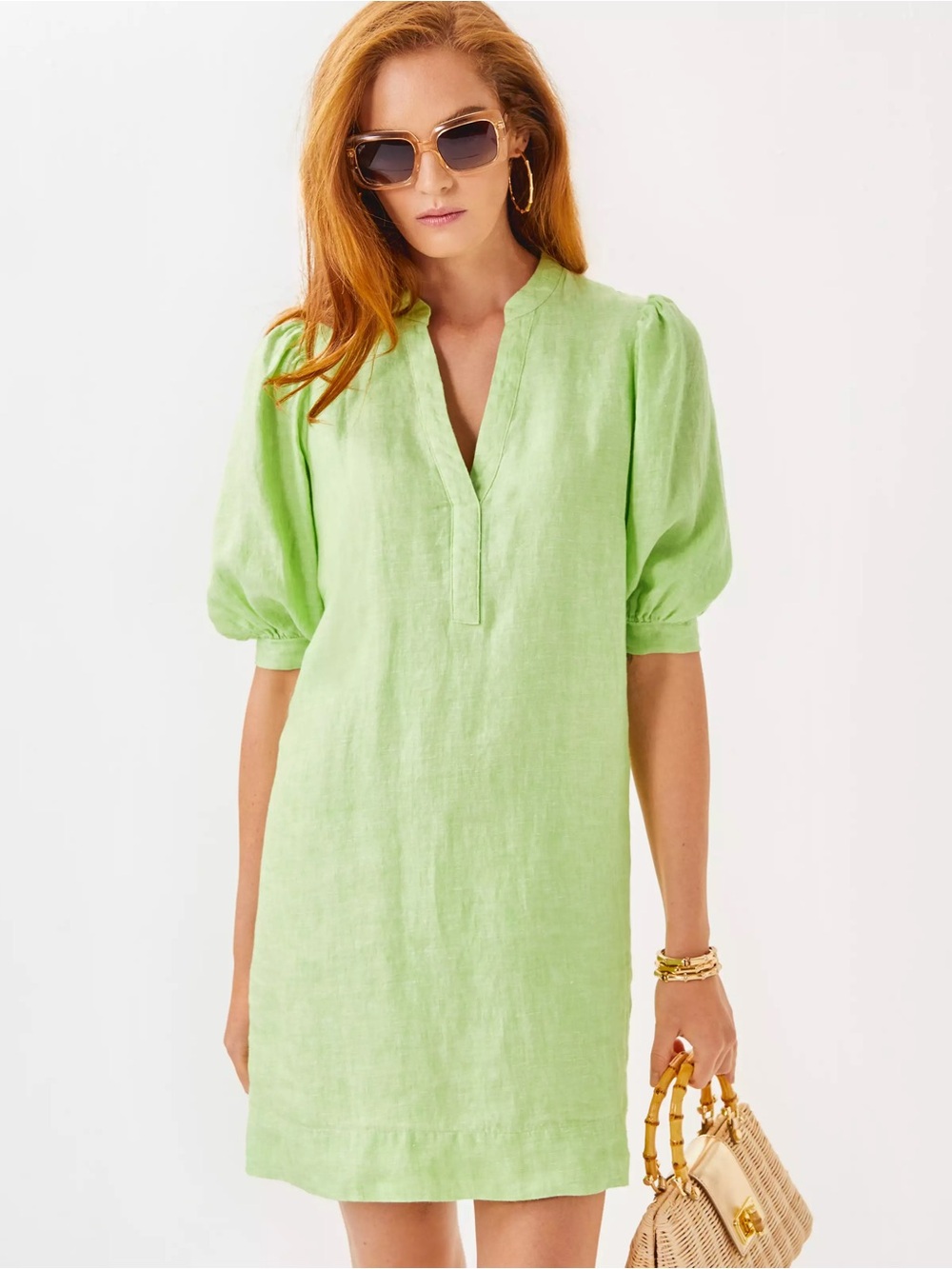 NWT ✨LILLY PULITZER Mialeigh Elbow Sleeve Linen Dress in Jade Lime X Resort Whit
